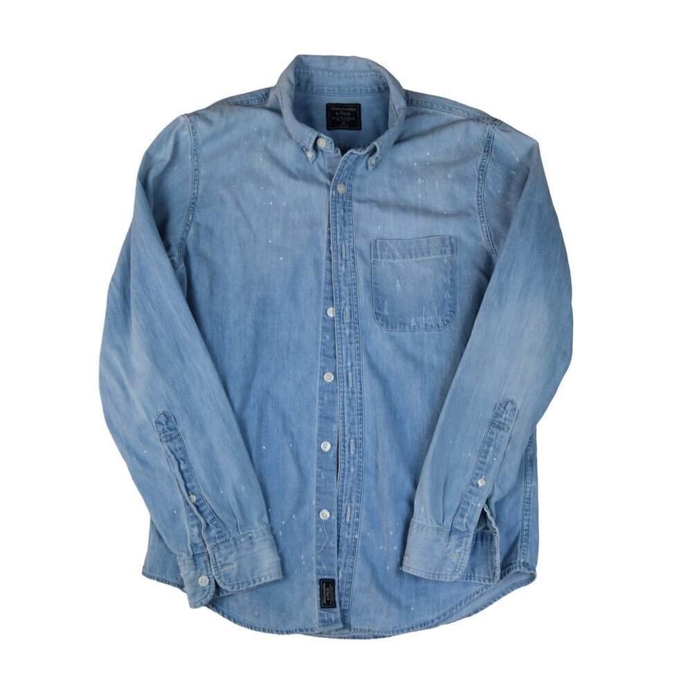 Abercrombie Relaxed Denim Shirt Jacket Light Blue Denim Paint and Distressing M